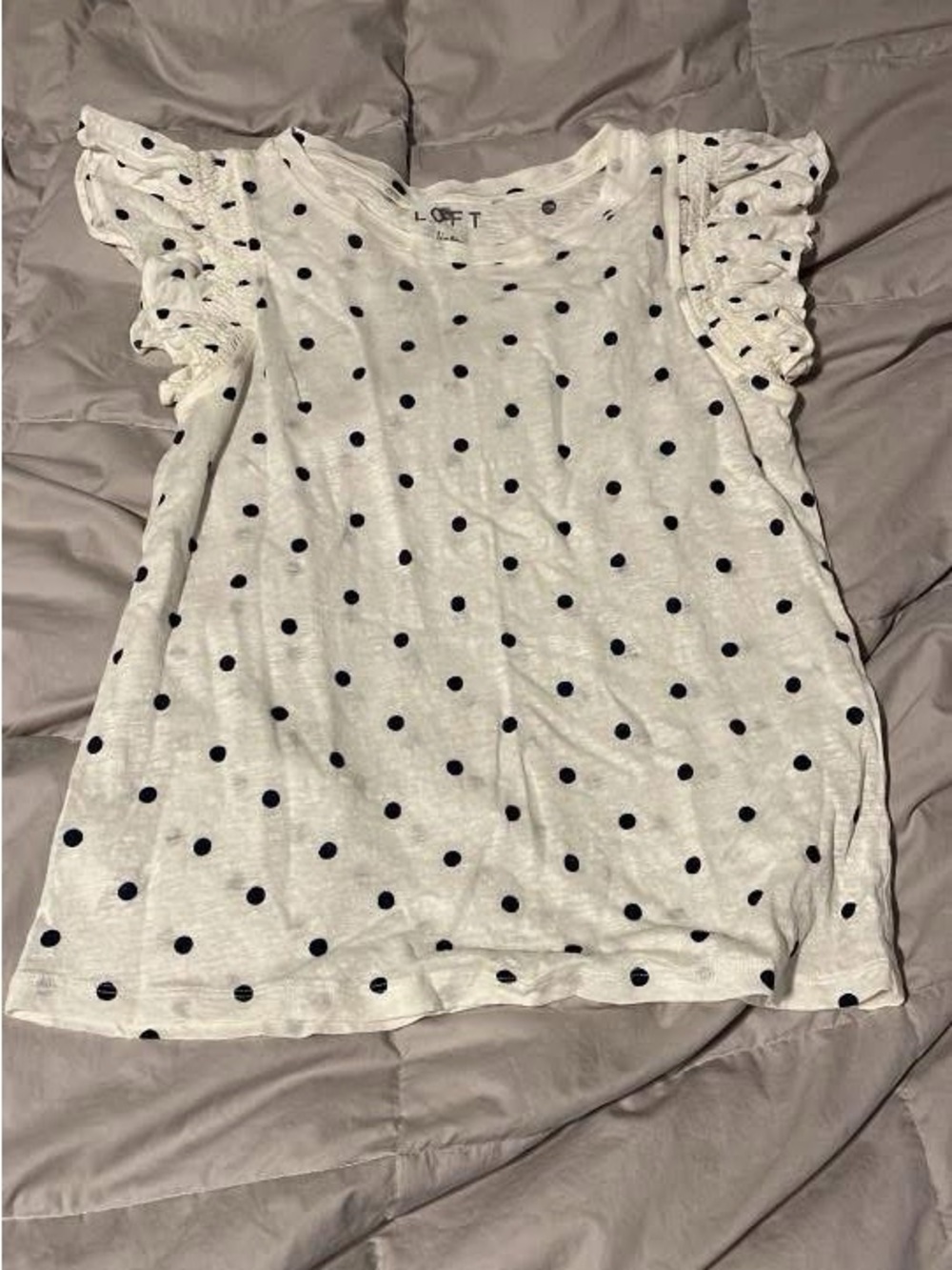 LOFT White Tee with Navy Polka Dots and Ruffle Sleeves